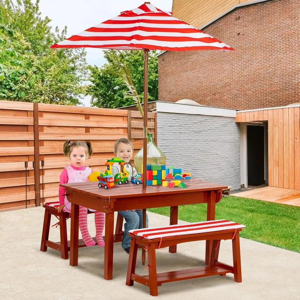 Picnic Table With Umbrella Outdoor Wooden Bench Set For Kids