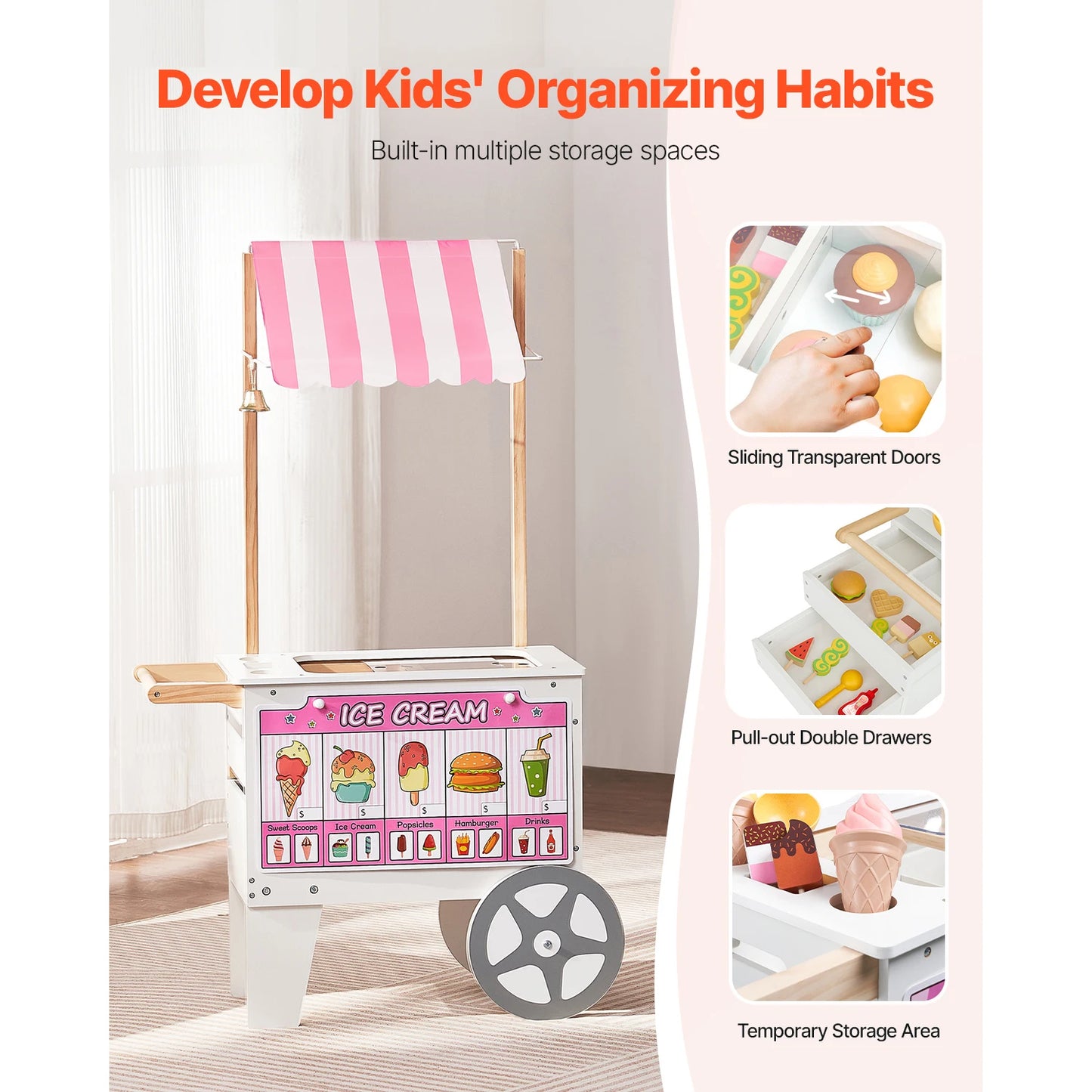 SucceBuy Kids Ice Cream Cart Playset With 20+ Accessories