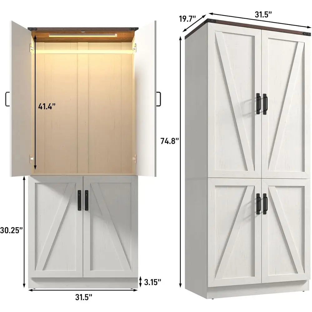 Freestanding Wooden Armoire With LED Light And Adjustable Hanging Rod