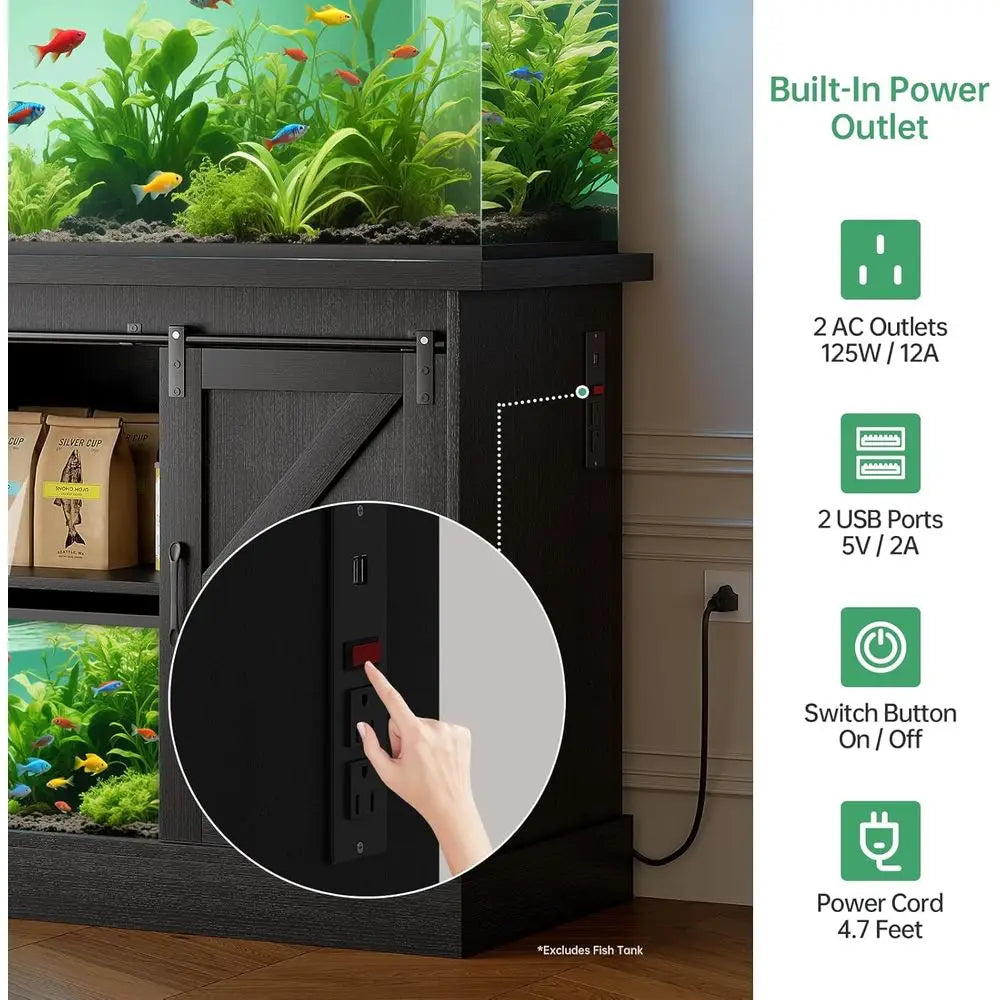 Aquarium Stand With Sliding Barn Doors And Power Outlet Cabinet
