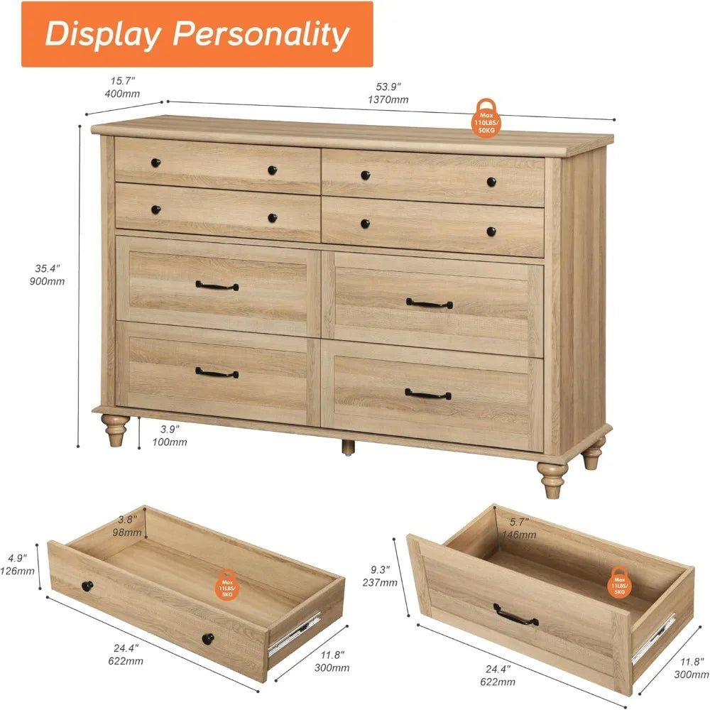 Eight Drawer Farmhouse Wood Dresser for Bedroom and Kids Room