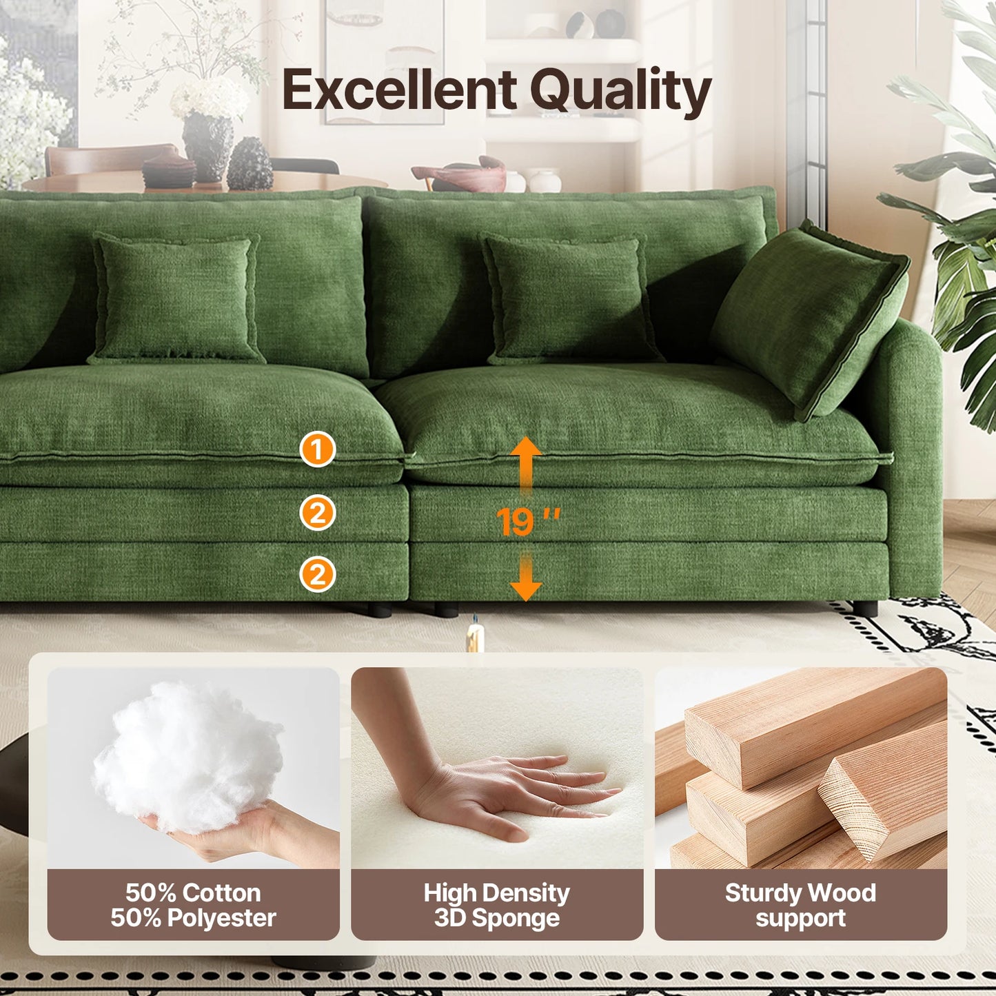 QWCCN L Shaped Modern Sofa Modular Sectional Couch With Ottoman