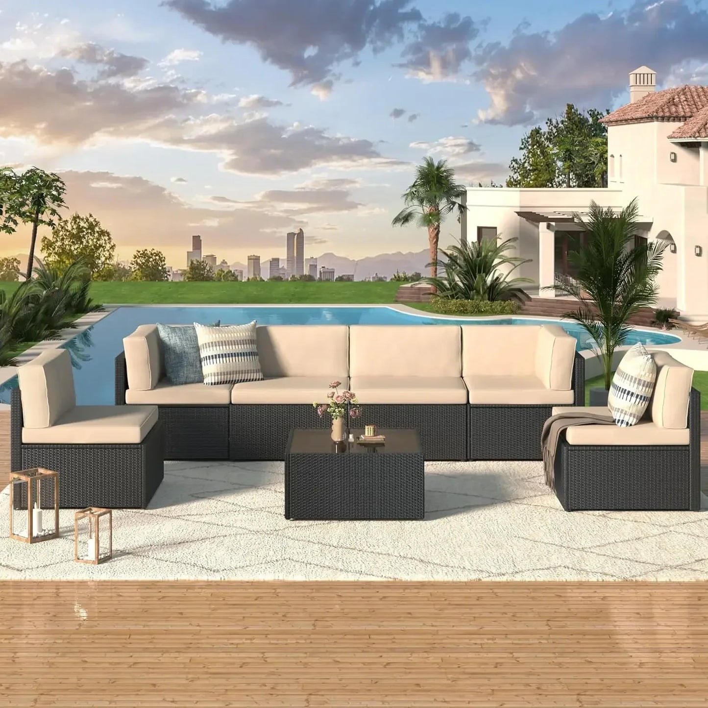 Modern Rattan Outdoor Patio Sectional Furniture Set With Cushions