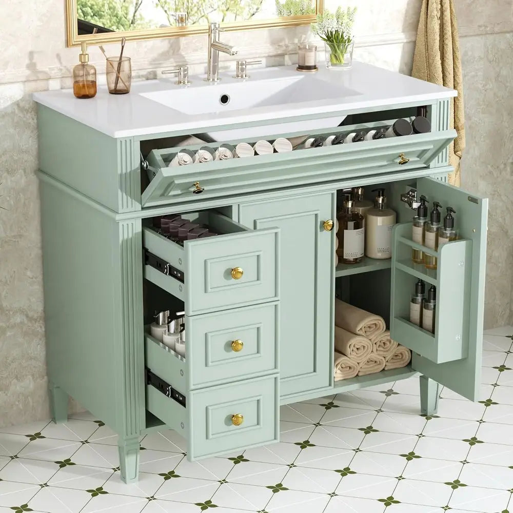 Bathroom Vanity Cabinet With Ceramic Countertop Sink Set Solid Wood Frame