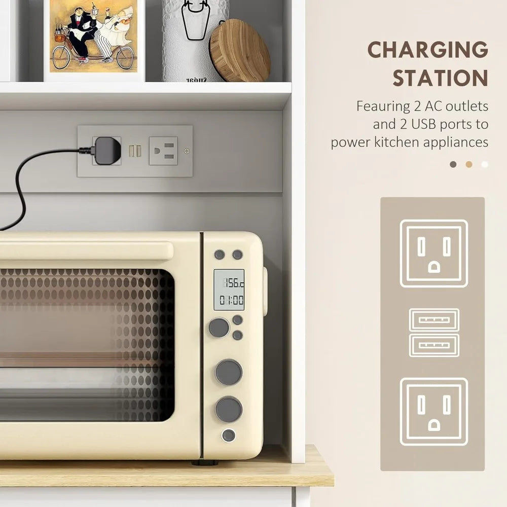 Freestanding Kitchen Pantry Storage Cabinet With Charging Station And Drawers