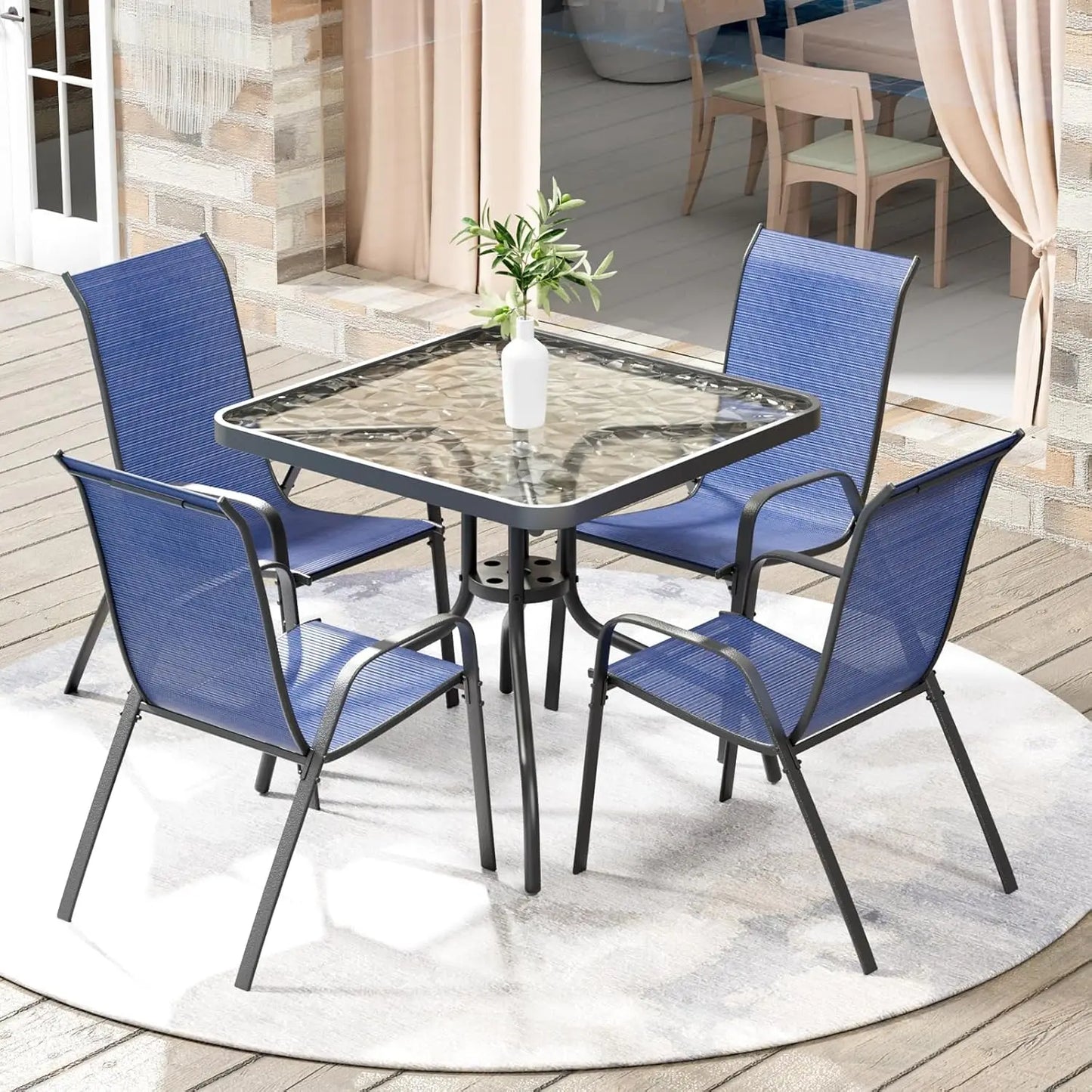 5-Piece Outdoor Patio Dining Set With Glass Table And Textline Chairs