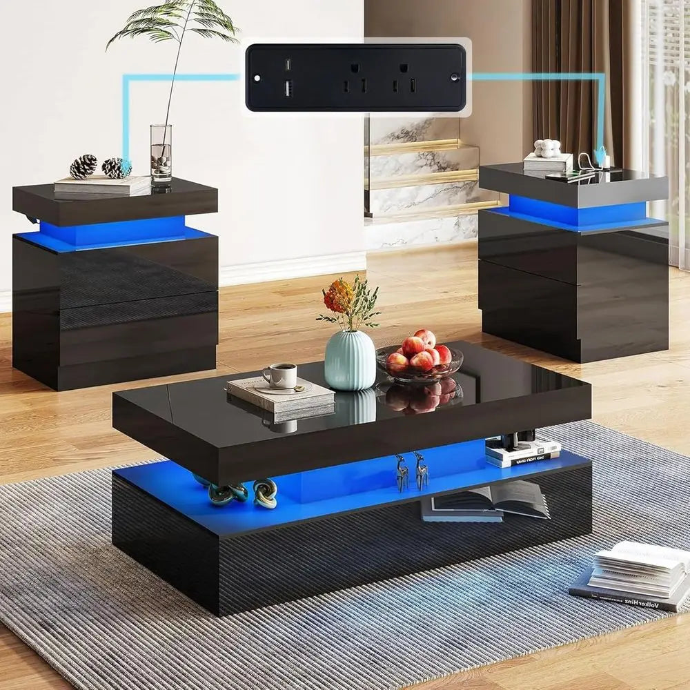 Glossy Living Room Table Set With LED Coffee Table And Charging Nightstands
