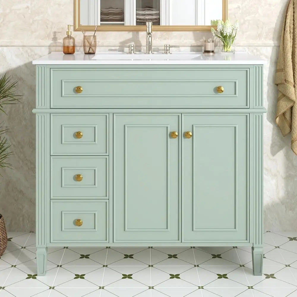 Bathroom Vanity Cabinet With Ceramic Countertop Sink Set Solid Wood Frame