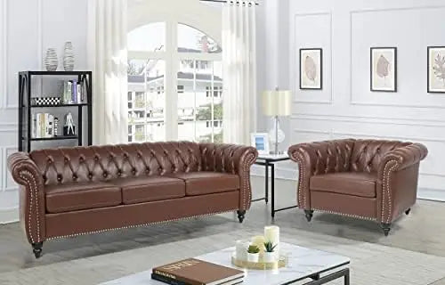Modern Tufted Faux Leather Living Room Sofa Set With Button Nailhead Scroll Arms