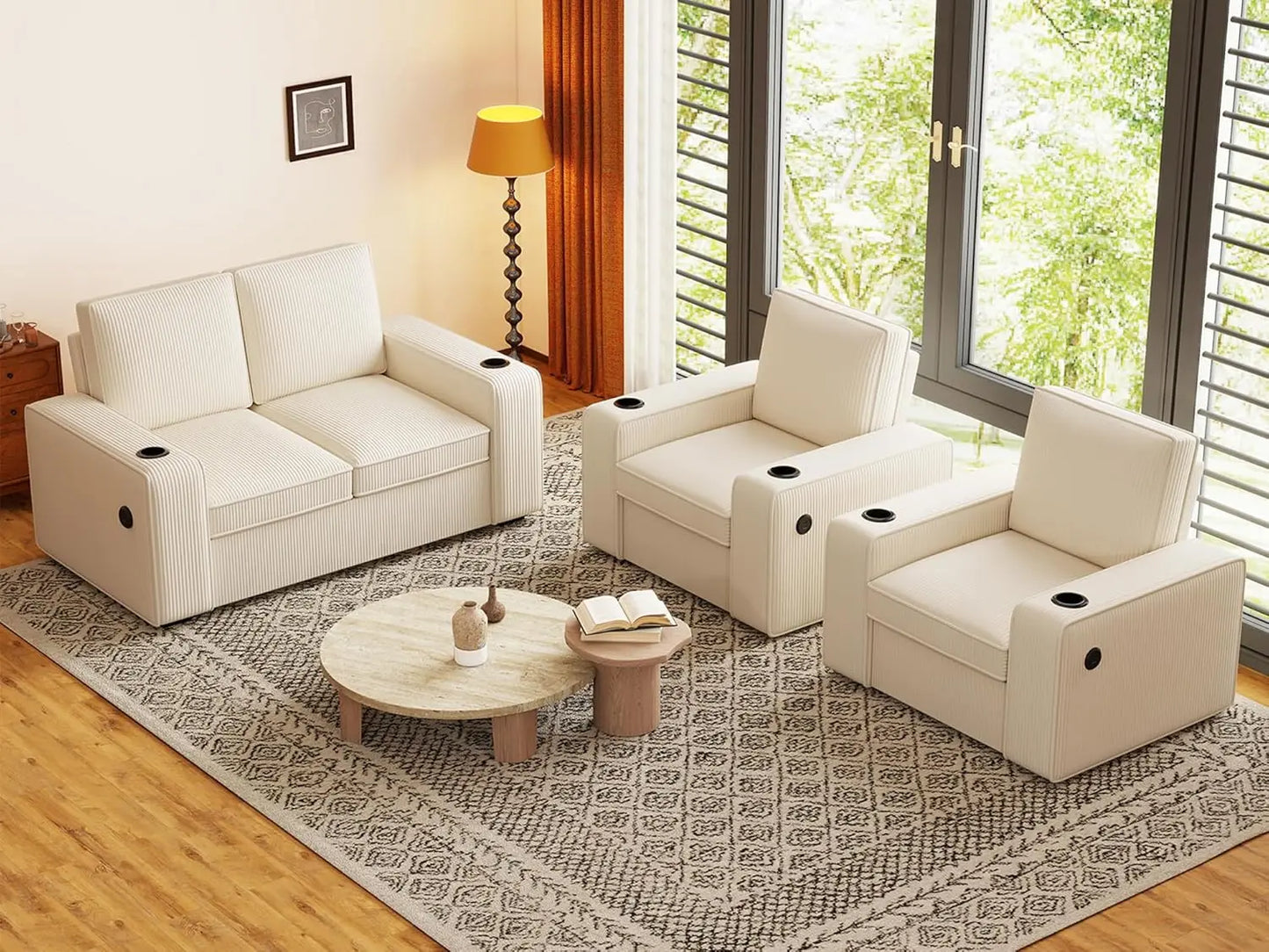Corduroy 4 Seater Sectional Sofa Set With USB Holder 3PC