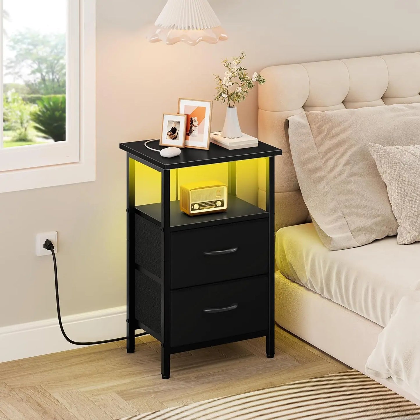 2-Piece Nightstand Set With LED Lights And USB Charging Station