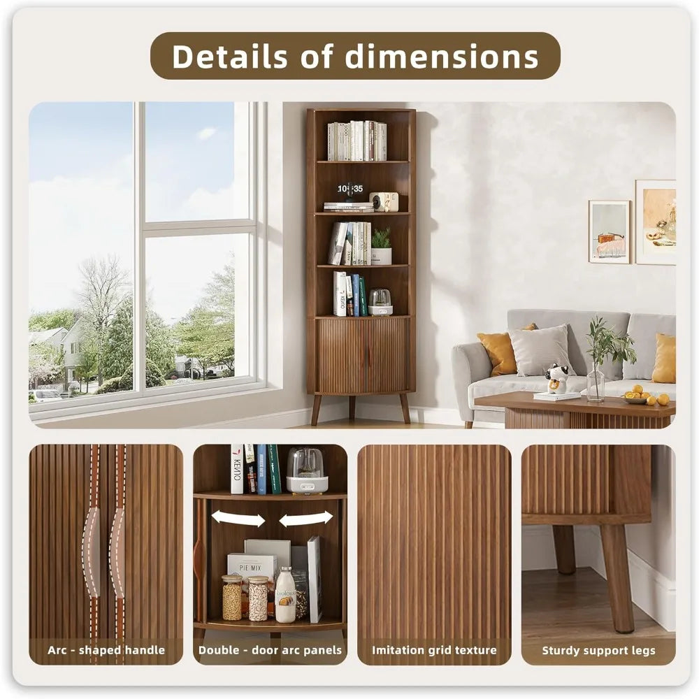 Modern 5-Tier Corner Shelf Bookcase With Fluted Doors