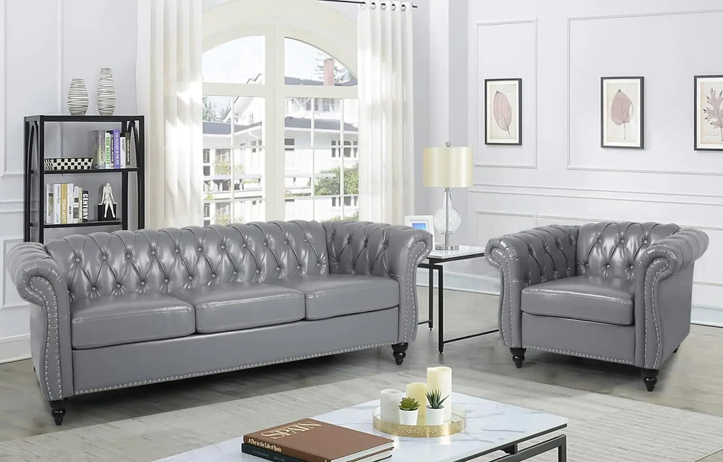Modern Tufted Faux Leather Living Room Sofa Set With Button Nailhead Scroll Arms