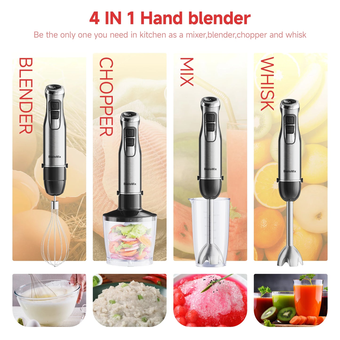 Biolomix 4 In 1 1200W Immersion Hand Blender With Chopper And Smoothie Cup