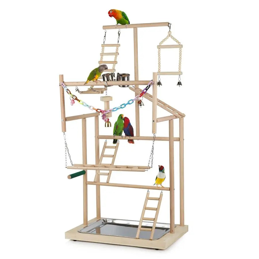 XMSJ Pet Parrot Playstand Ladder Wood Perch Gym Playpen