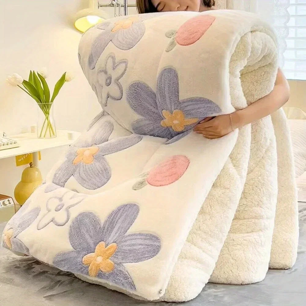 NONECN All Season Thickened Lamb Wool Sherpa Quilt Set TwoPillowcases