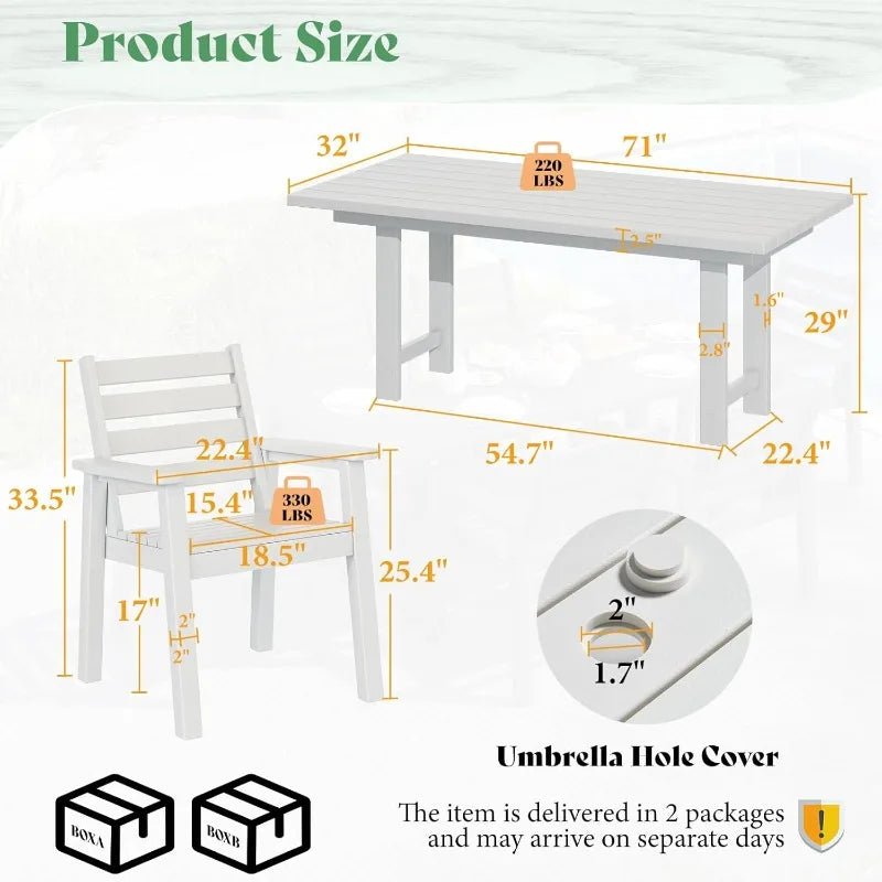 HDPE Outdoor Dining Table Set With 6 Chairs Umbrella Hole