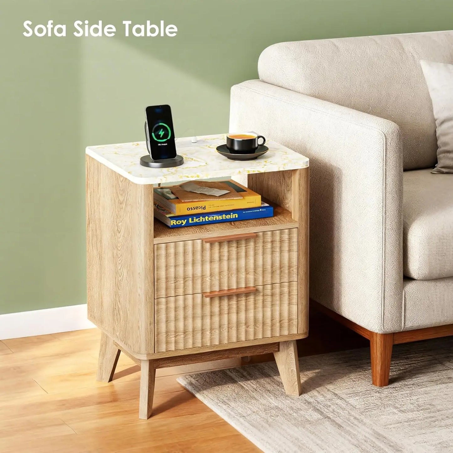 XMSJ Fluted Nightstand With Charging Station Bedside Table
