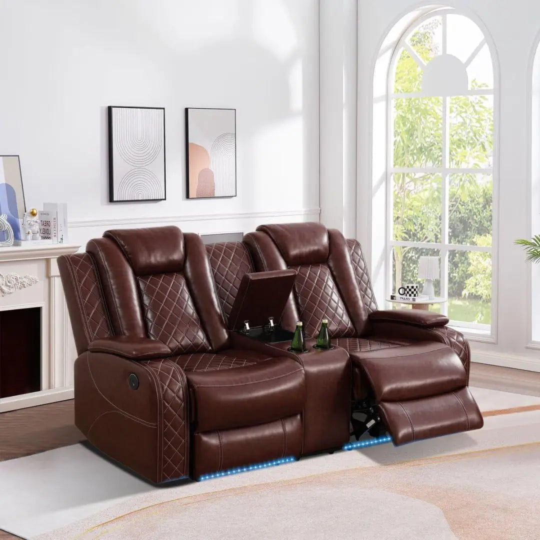 Power Recliner Leather Sofa Set With LED And USB Charging