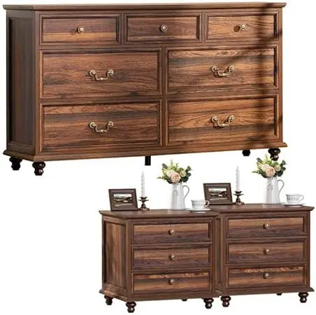 MKDK Farmhouse Dresser And Nightstand Set 3 Piece Collection