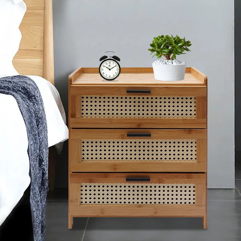 Bamboo Bedside Table Three Drawer Nightstand Storage Cabinet