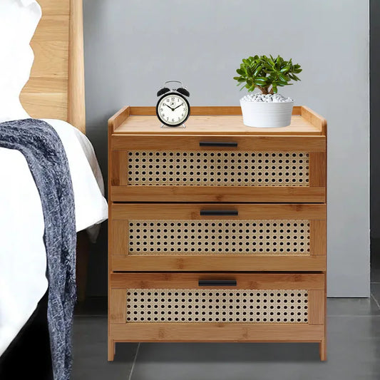 Bamboo Bedside Table Three Drawer Nightstand Storage Cabinet