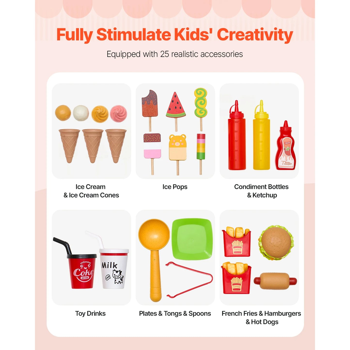 SucceBuy Kids Ice Cream Cart Playset With 20+ Accessories