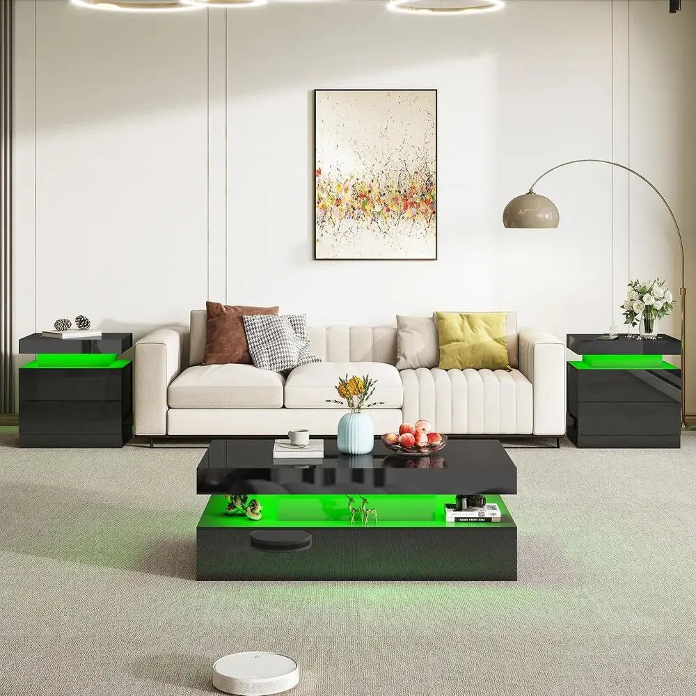 Glossy Living Room Table Set With LED Coffee Table And Charging Nightstands
