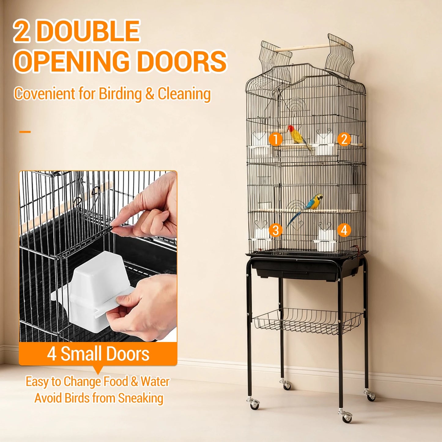 HiMISS Durable Bird Cage With Rooftop Play Stand And Tray