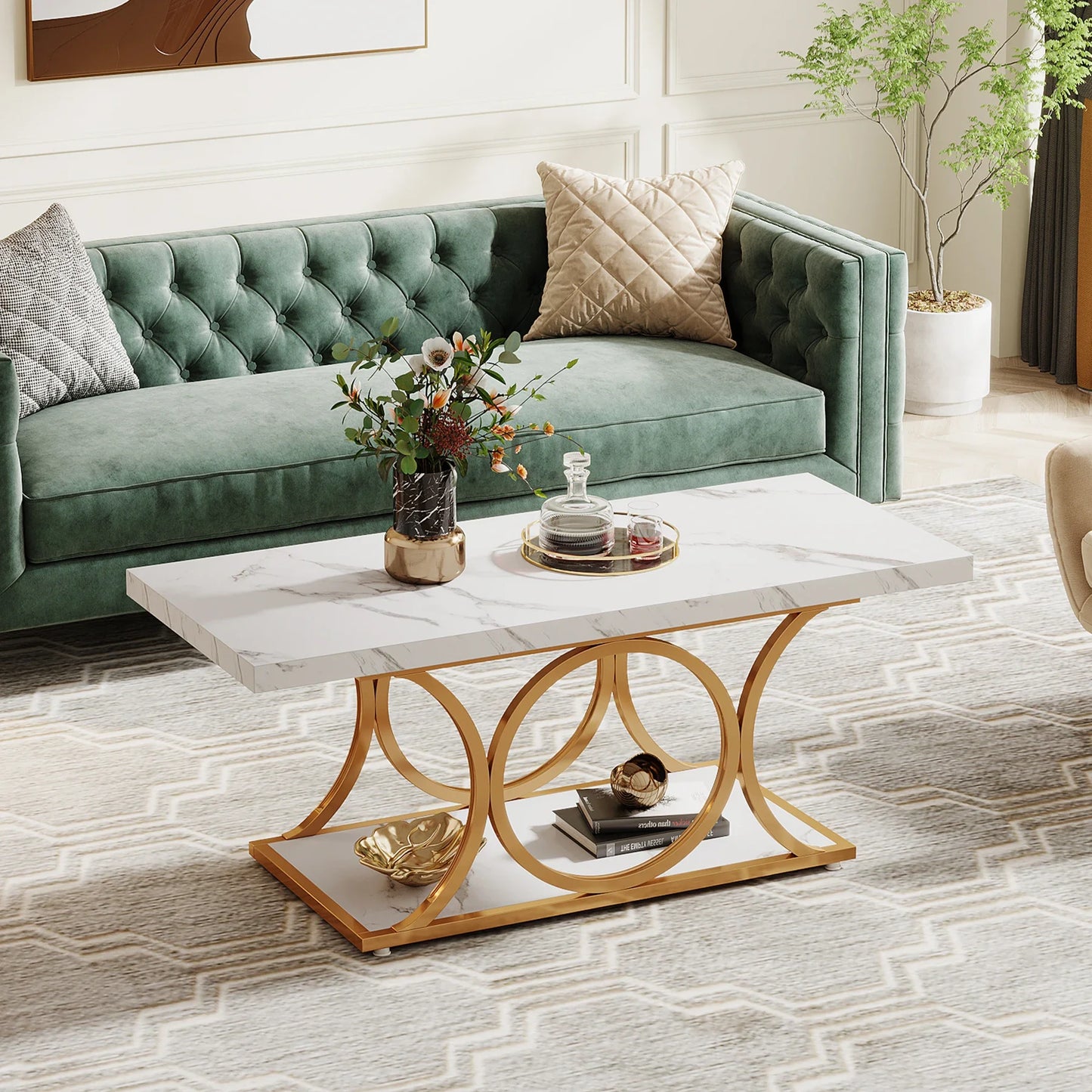 Tribesigns Rectangle Coffee Table 2 Tier Faux Marble Wood