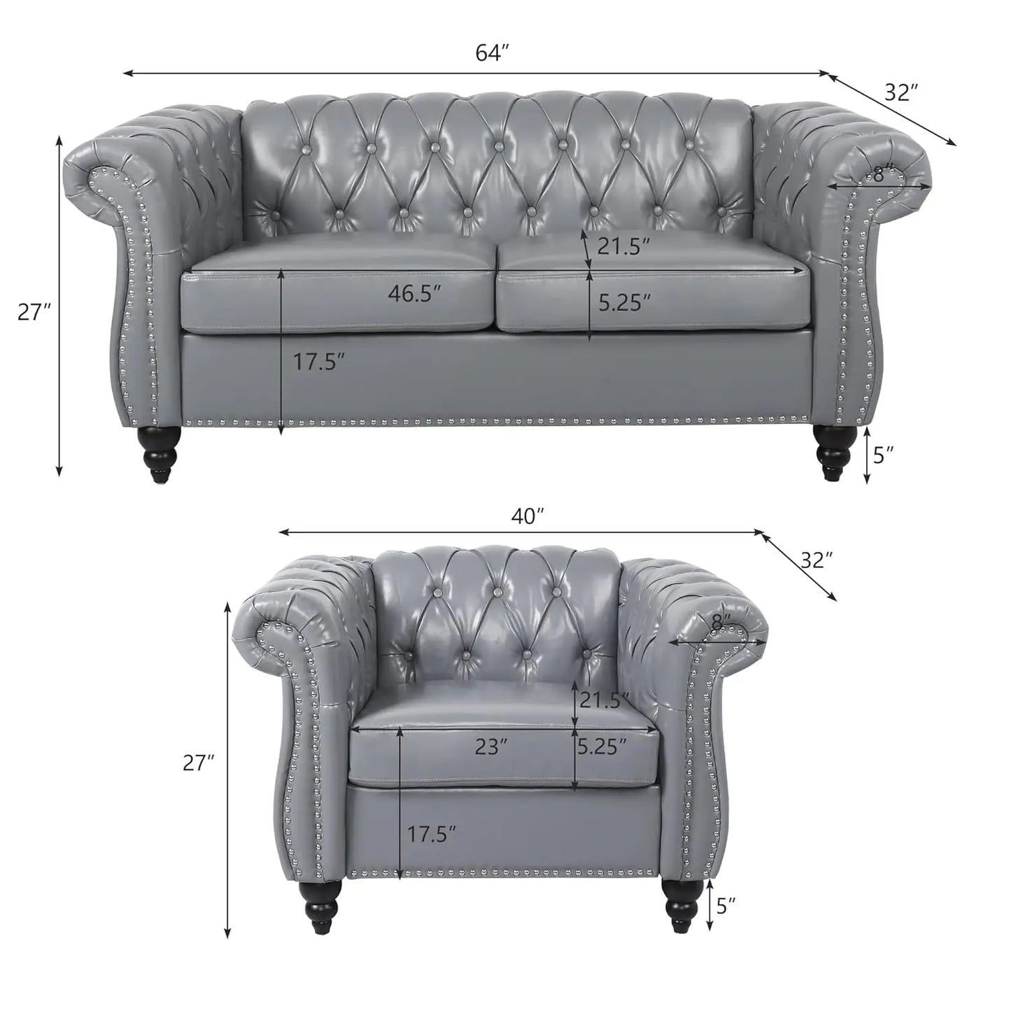 Modern Tufted Faux Leather Living Room Sofa Set With Button Nailhead Scroll Arms