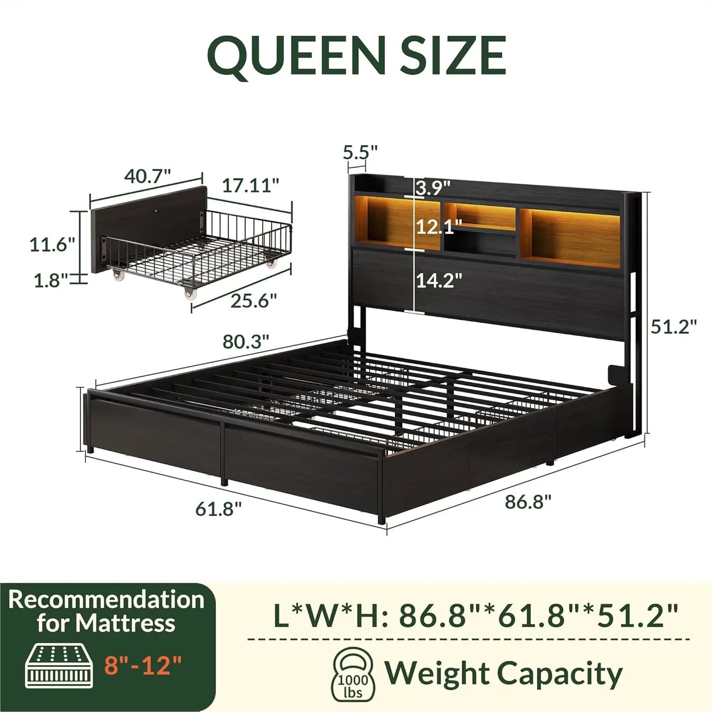 Bed Frame With 6 Drawers, LED Lights, Charging Station, Black