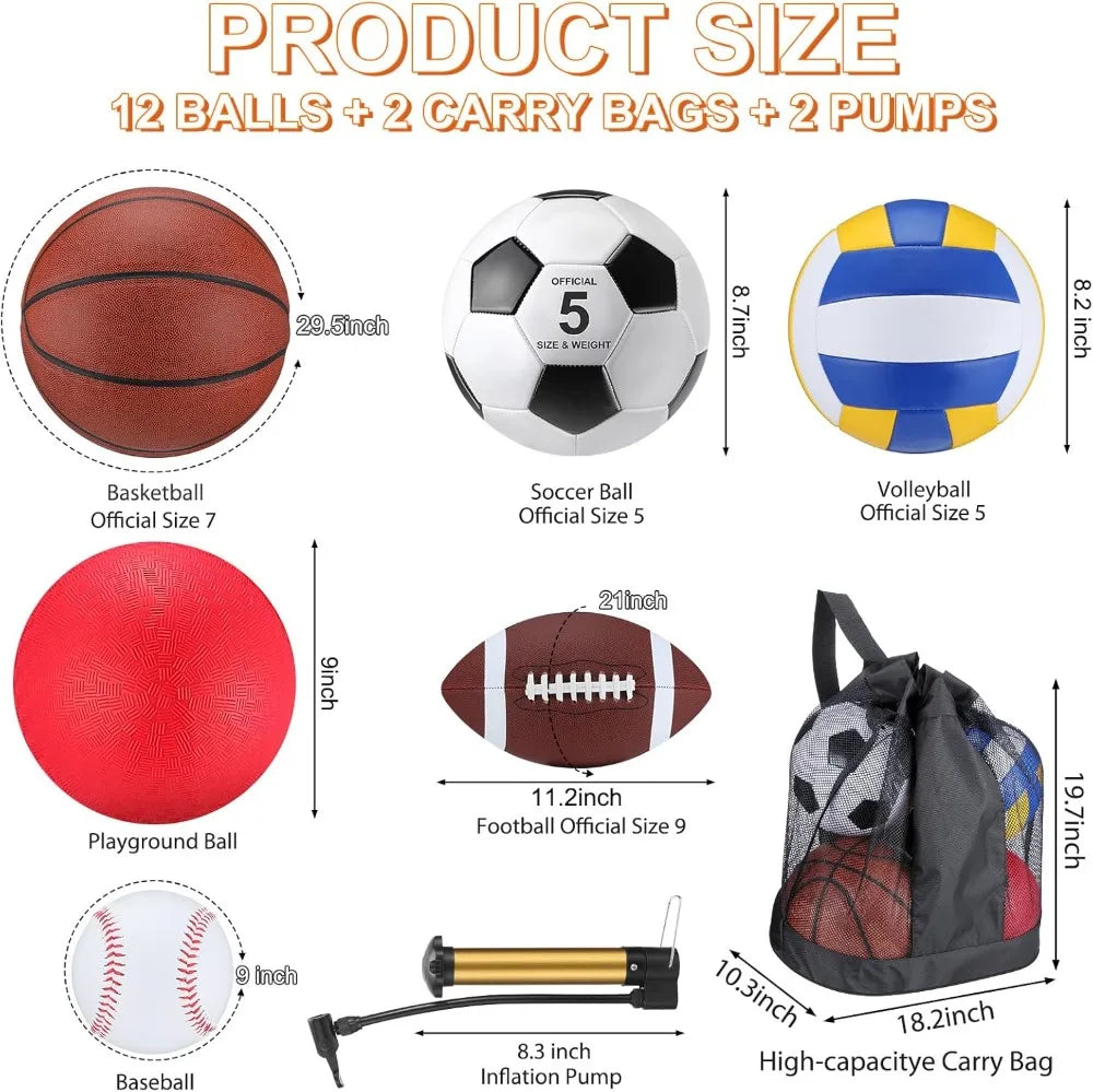 12 Piece Sports Ball Set With Premium Pump Mesh Bag