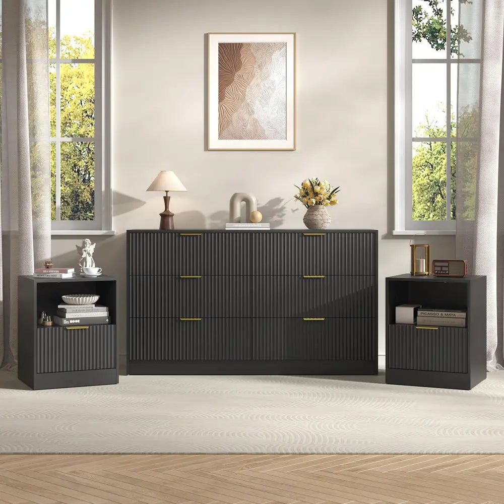Modern Bedroom Furniture Set With 6 Drawer Dresser And Nightstands