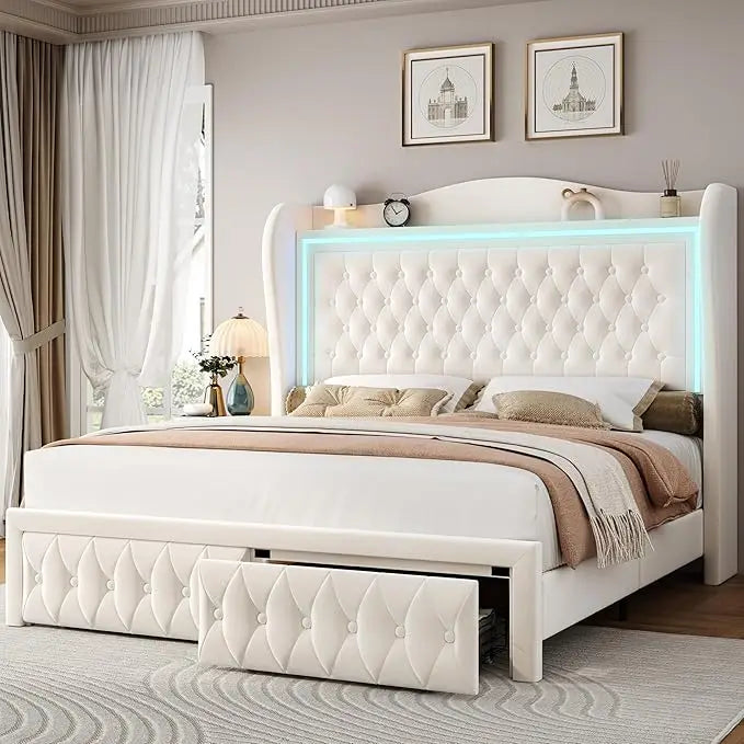 YANYING Velvet LED Headboard Bed Frame With Storage Drawers