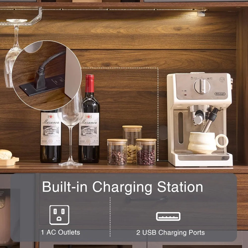 Coffee Bar Storage Cabinet With LED Lights And Wireless Charging