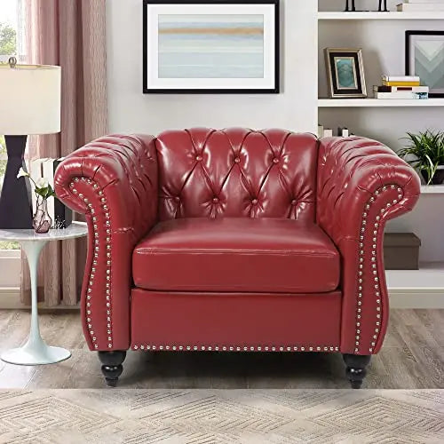 Modern Tufted Faux Leather Living Room Sofa Set With Button Nailhead Scroll Arms