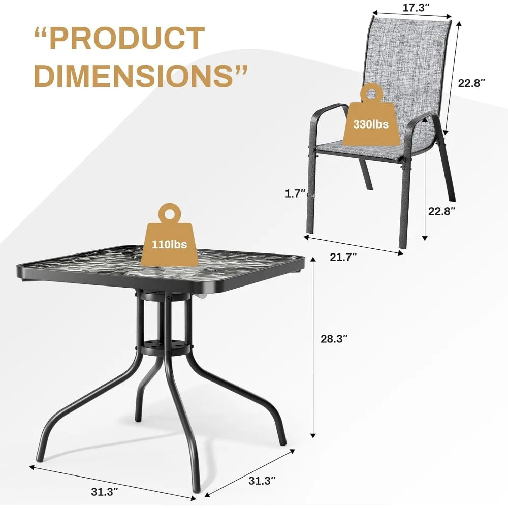 5-Piece Outdoor Patio Dining Set With Glass Table And Textline Chairs