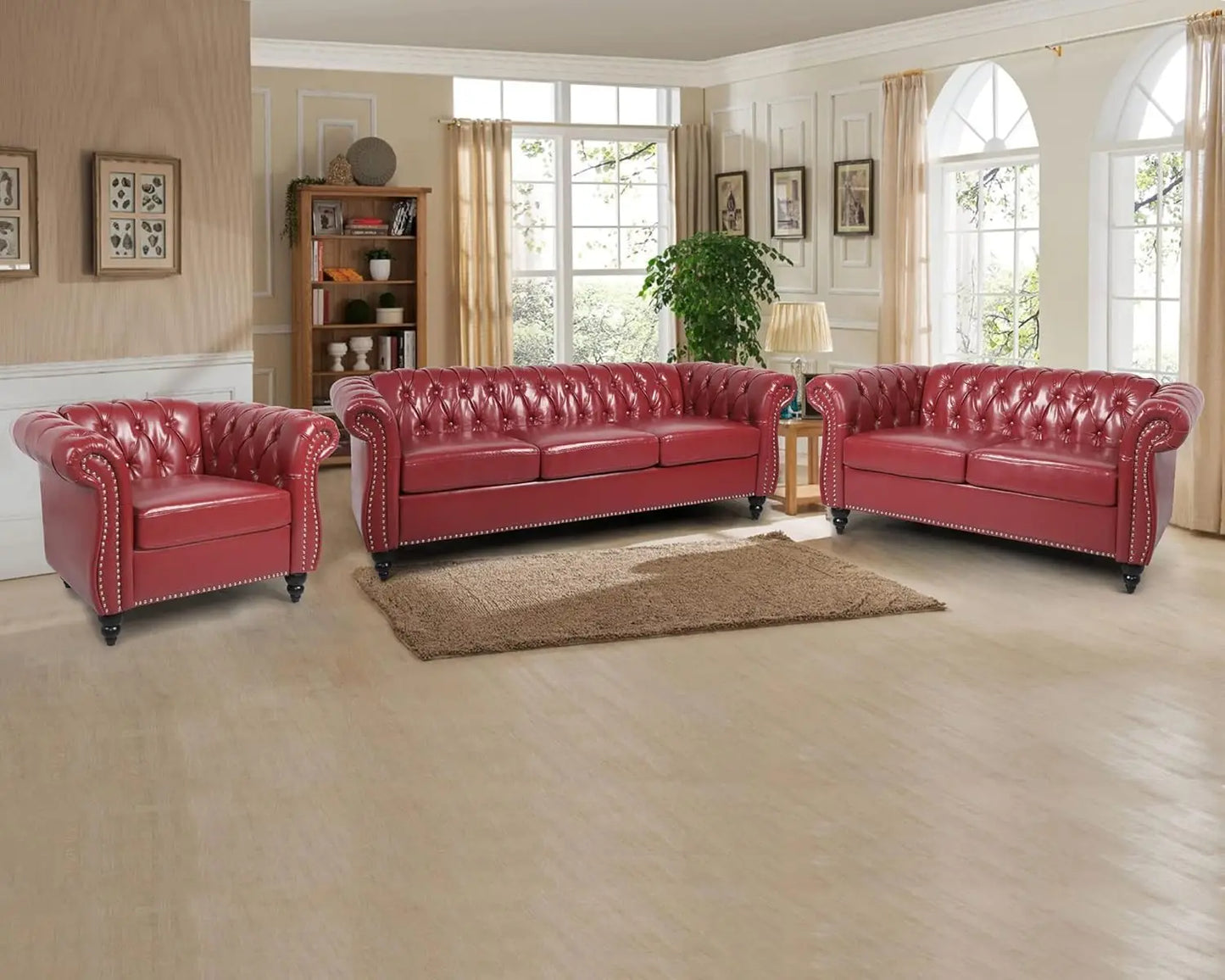 Modern Tufted Faux Leather Living Room Sofa Set With Button Nailhead Scroll Arms