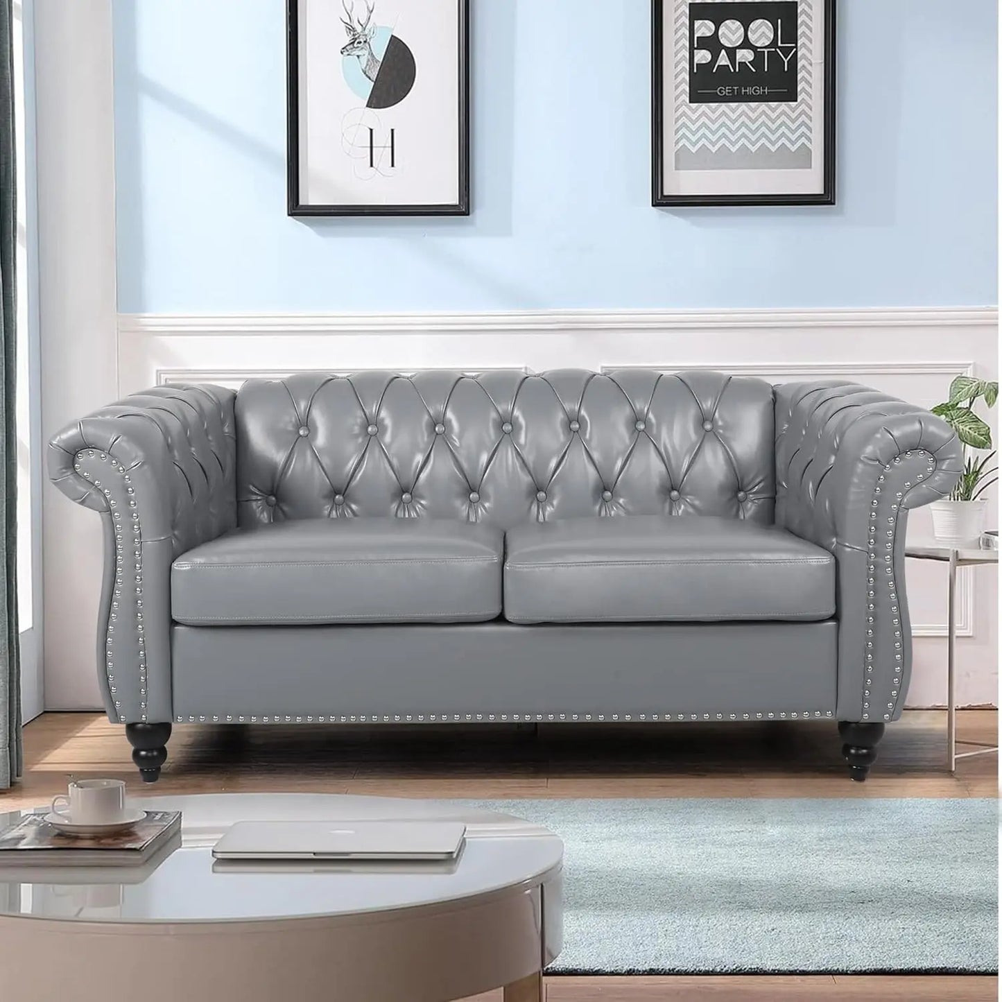 Modern Tufted Faux Leather Living Room Sofa Set With Button Nailhead Scroll Arms