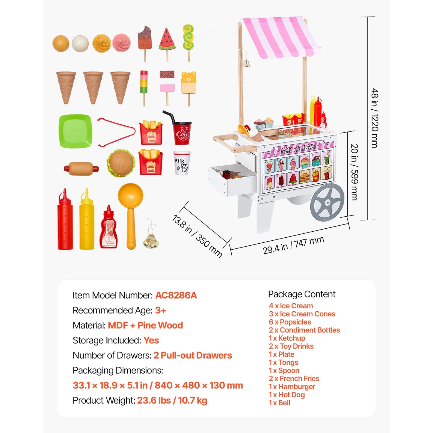 SucceBuy Kids Ice Cream Cart Playset With 20+ Accessories