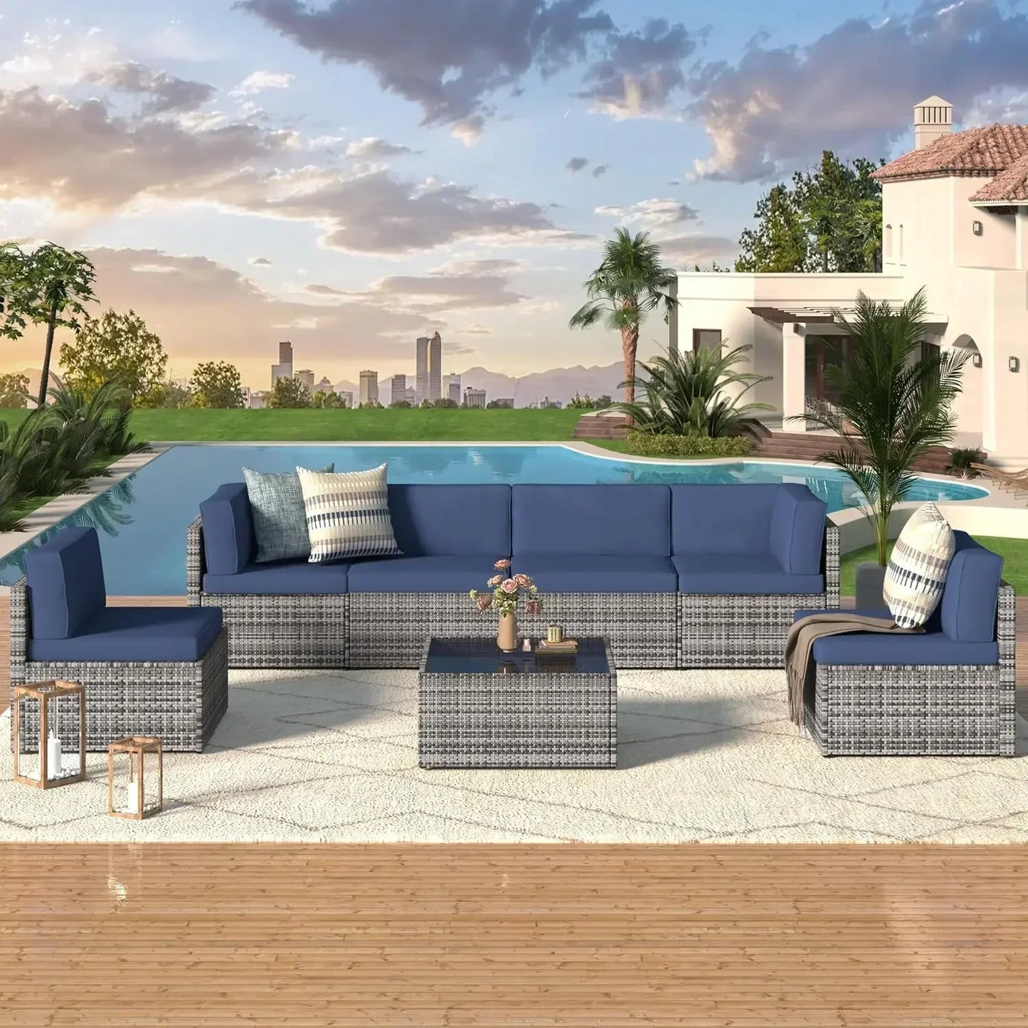 Modern Rattan Outdoor Patio Sectional Furniture Set With Cushions