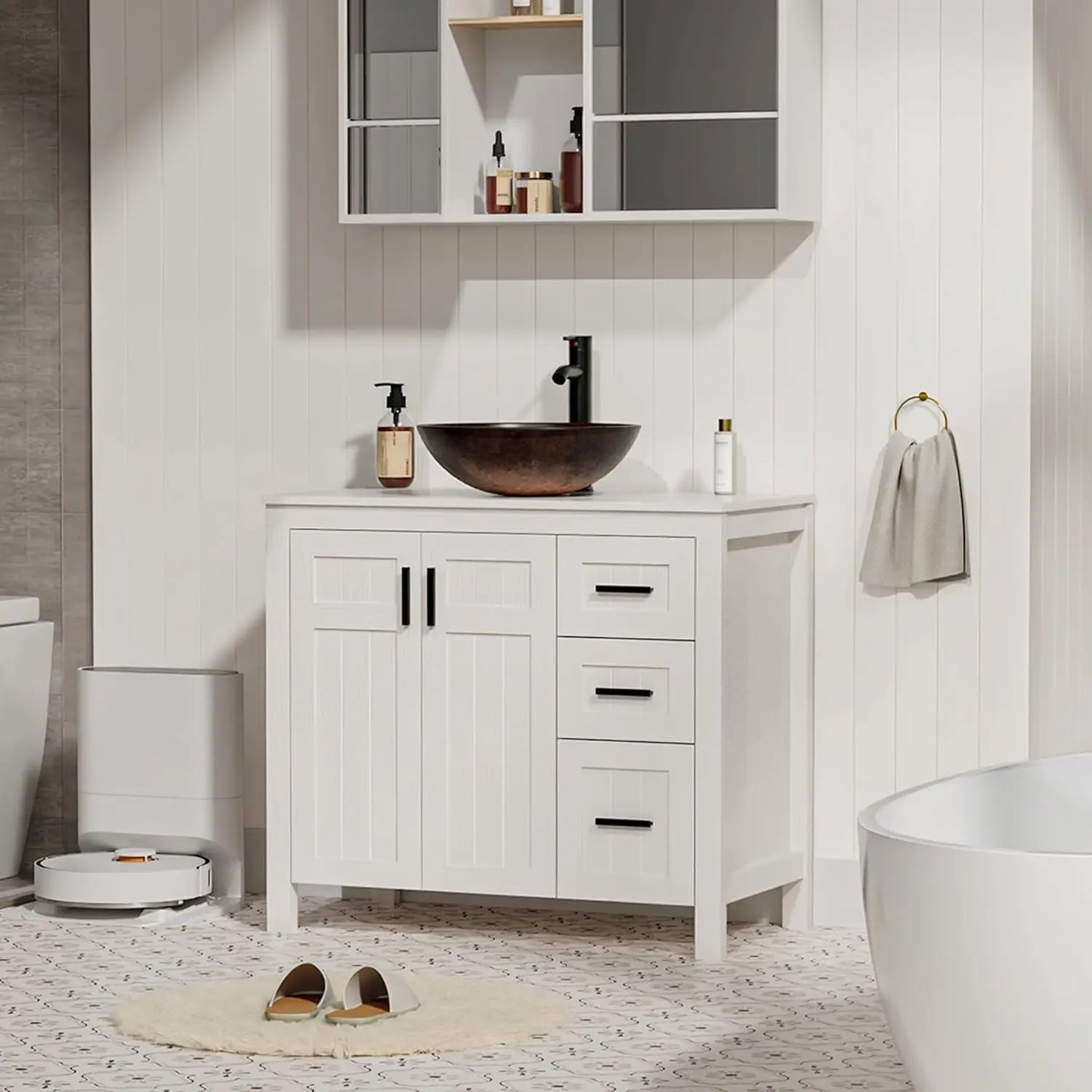 Modern Freestanding Bathroom Vanity Sink Cabinet With Vessel Top