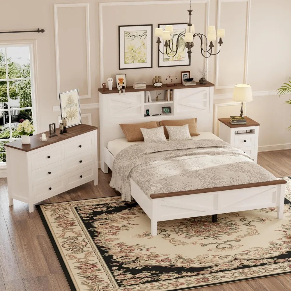 RBXC 3 Piece Farmhouse Bedroom Set With Double Sliding Doors