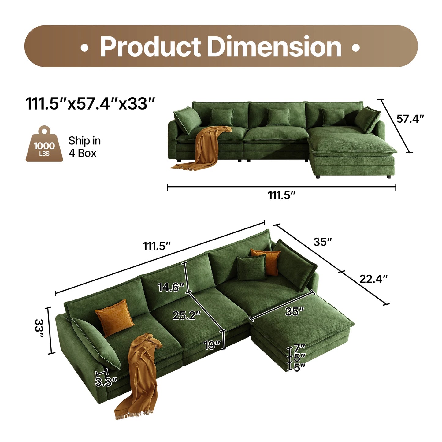 QWCCN L Shaped Modern Sofa Modular Sectional Couch With Ottoman