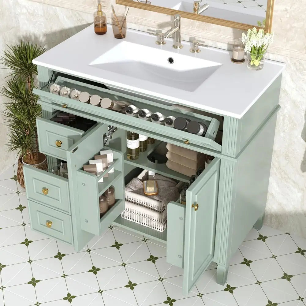 Bathroom Vanity Cabinet With Ceramic Countertop Sink Set Solid Wood Frame