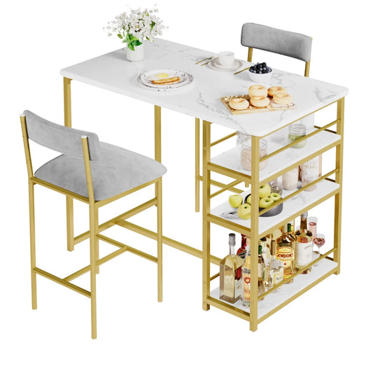 HiMISS Pub Style Bar Table Set With Upholstered Chairs And Storage Shelves