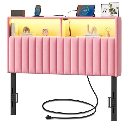 XMSJ Velvet Upholstered Headboard With Storage USB C Port LED