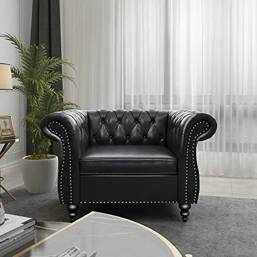 Modern Tufted Faux Leather Living Room Sofa Set With Button Nailhead Scroll Arms