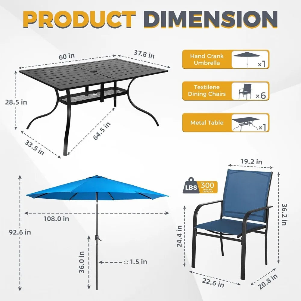 8 Piece Patio Dining Set With Umbrella And Textilene Chairs